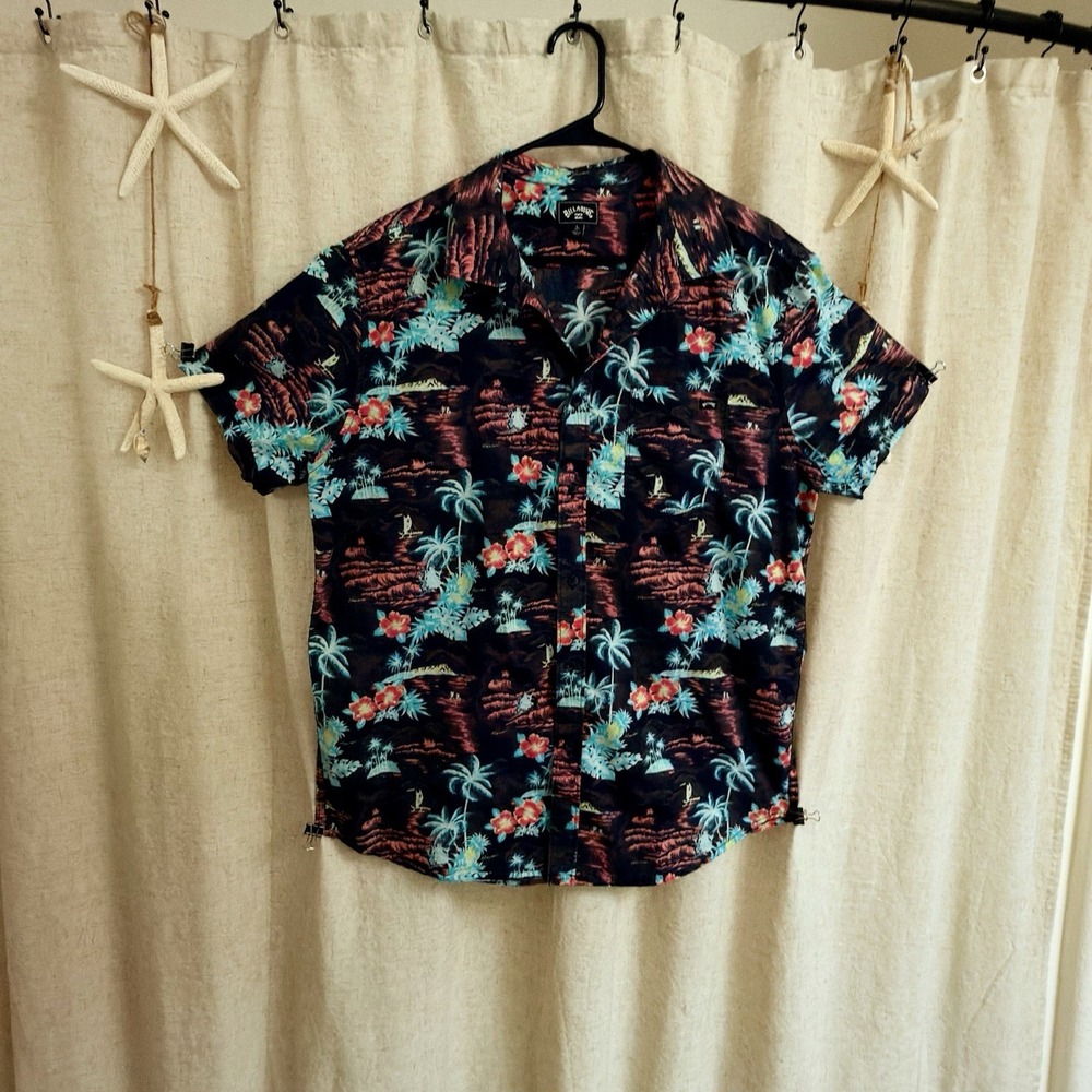 Men's Billabong Hawaiian Tiki 100% Cotton Short-Sleeve Button Shirt L– Excellent